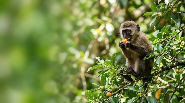 Young monkey eating fruit on a branch in a lush forest