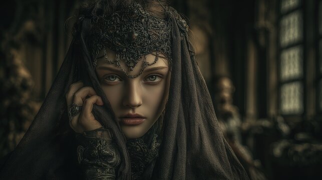 Europe medieval lifestyle. A detailed, dark fantasy portrait of a woman. She wears ornate, darkcolored headgear with intricate patterns and designs.