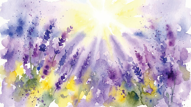 Field Lavender Ray Watercolor Flower Light Nature Purple Meadow Landscape Provence Brightness Wild Petal Plant Painting