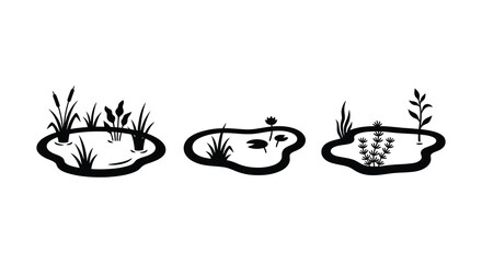 Three pond silhouettes with varying vegetation against a white background silhouette water feature garden small lake wetland aquatic © APIM02SN