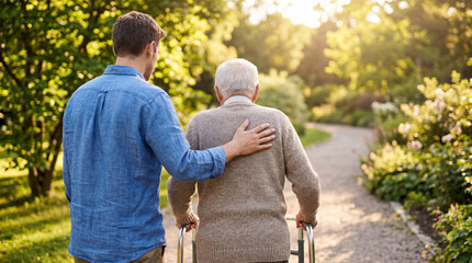 Obraz premium A compassionate young man assists an elderly senior walking with a walker in a serene park, demonstrating support and care