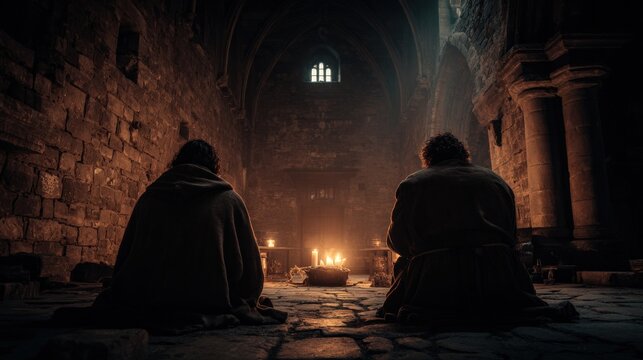 Europe medieval lifestyle. A moody, atmospheric portrayal of two figures seated in a dimly lit, medievalstyle room. The room features stone walls, arches, and a vaulted ceiling with a single window.