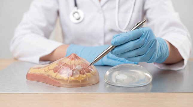 Doctor in gloves explains breast anatomy using a model and shows a silicone implant. Essential for medical education & breast health