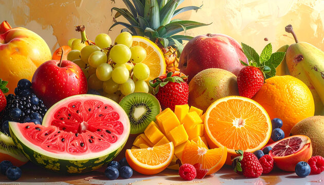 Assortment of fresh fruits on a neutral textured background