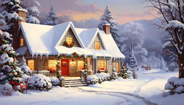 Cozy snow-covered house decorated for Christmas in winter landscape