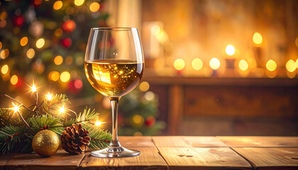 Festive glass of white wine with Christmas tree and bokeh lights