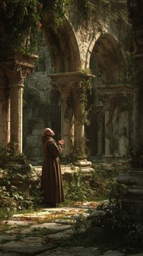 Europe medieval lifestyle. A vivid portrayal of a contemplative monk in a brown robe, standing in an ancient, weathered stone archway.