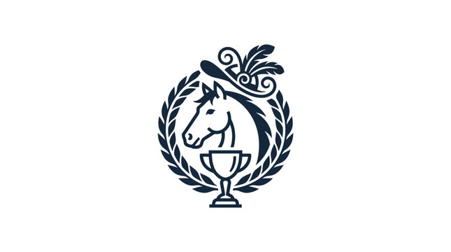 Equestrian Trophy Emblem: Horse Head, Laurel Wreath, Feathered Hat
