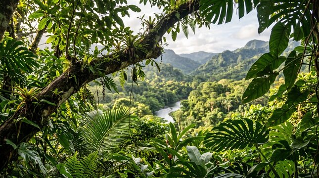 Tropical tree leaves and branch foreground