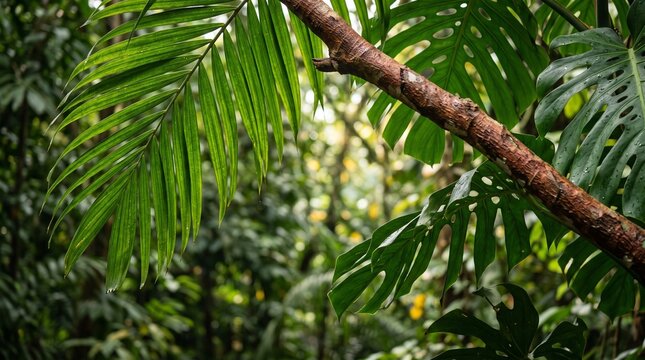 Tropical tree leaves and branch foreground