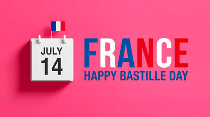 Bastille Day celebration concept with July 14 calendar and French flag, Happy Bastille Day typography on pink background, French national holiday greeting