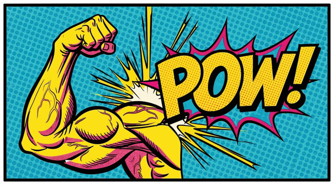 Vibrant yellow muscular arm flexing with a comic book style pow action word bubble graphic design element isolated as a vector illustration on transparent background