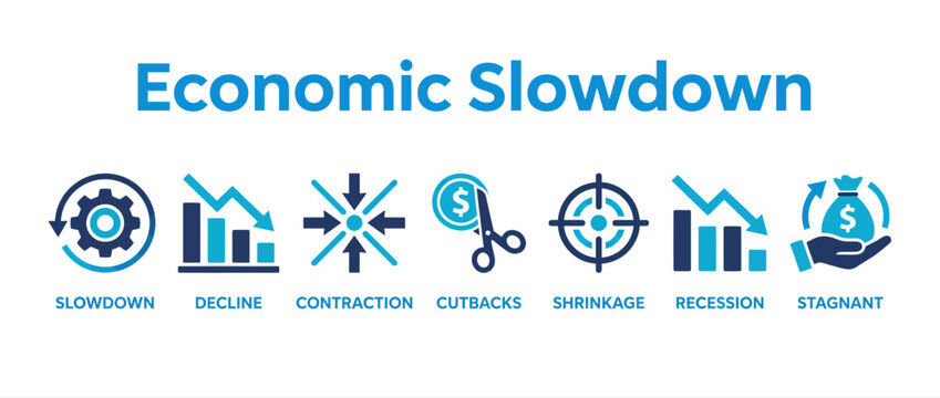 Economic slowdown concept icons set with business and financial crisis symbols