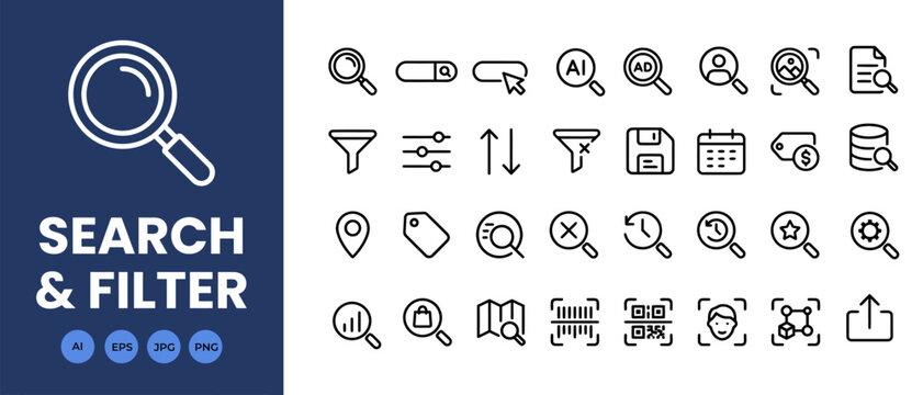 Search and filter editable stroke line icon set. Magnifying glass and funnel symbols. Concept for finding UI UX web design and data sorting app interface.
