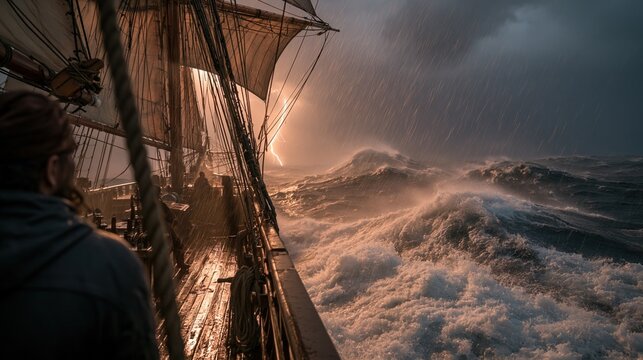 Europe medieval lifestyle. A vivid portrayal of a ship navigating a turbulent sea during a storm. The main subject is a man, facing away from the viewer, standing on the deck of the ship.