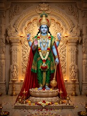 Obraz premium A majestic blue-skinned deity statue stands in front of an intricately carved stone wall with hands raised and adorned with vibrant clothing and jewelry in a temple.