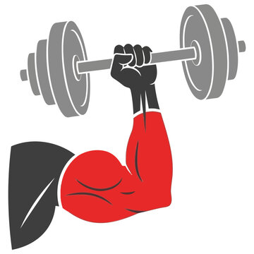 Muscular arm lifting a heavy iron barbell with a strong grip showcasing intense power and fitness dedication rendered as a simple graphic icon on transparent background