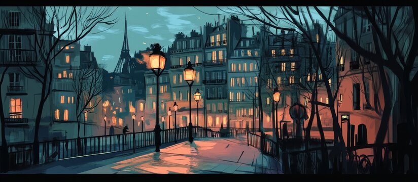 Evening cityscape with warm streetlights illuminating a quaint bridge and buildings.
