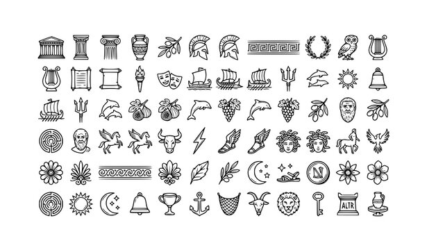 Ancient Greek Clipart Doodle Vector Set with Mythology Architecture and Cultural Icons