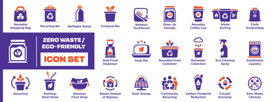 Zero Waste Eco Friendly Sustainability Pictogram Collection Featuring Reusable Products Recycling Composting Green Living Modern Black Solid Icons