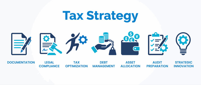 Tax strategy concept with icons for documentation, legal compliance, and asset allocation