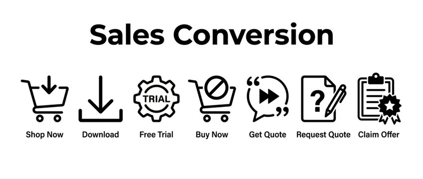 Sales conversion icons set shop now, download, free trial, buy now, get quote, request quote, claim offer