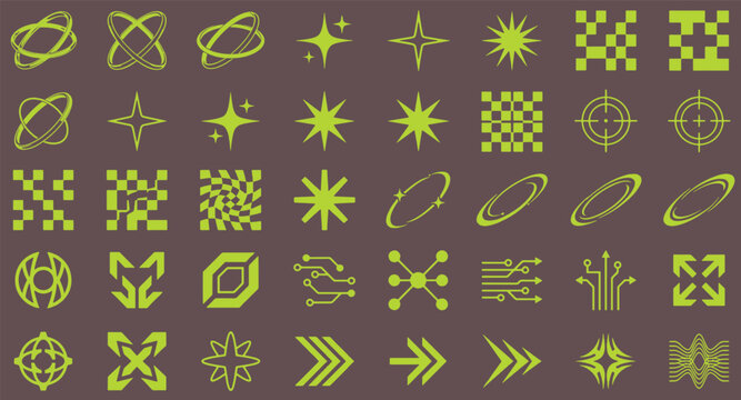 Futuristic neon yellow cyber symbols and tech elements for graphic design with sci fi high tech futuristic collection technology creative geometry minimalist computer infographic