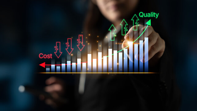 Business Growth Concept with Bar Graphs and Indicators of Cost Reduction and Quality Improvement in a Dynamic Environment. Bitwise.