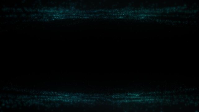 Technological cyan particle streams and sparks moving dynamically on the top and bottom of a black background, creating digital borders with copy space in the center 