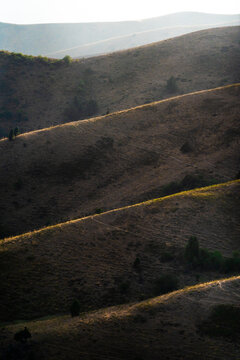 View of the rolling hills near Arashan Lake with dry grassy slopes and soft golden hour light in Pop District, Namangan Region, Uzbekistan.