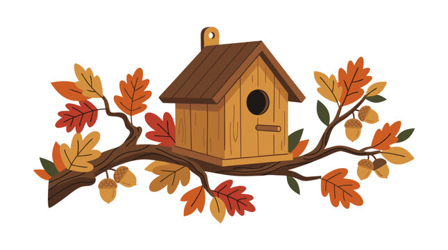 Wooden birdhouse on a tree branch decorated with colorful autumn oak leaves and acorns, vector flat illustration isolated on white background.
