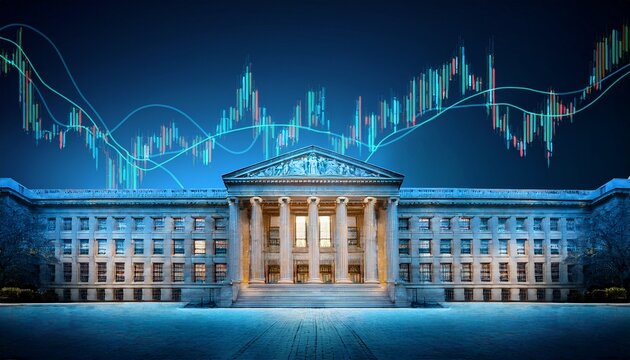 federal building with stock market price chart displayed on a dark blue background