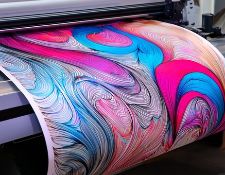 large format printer printing a colorful abstract design with flowing pink and blue patterns