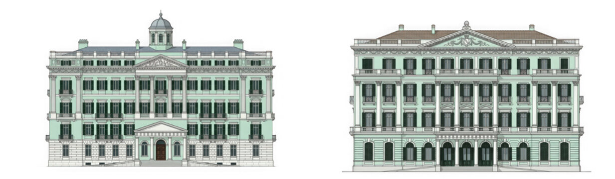 Architectural elevations of two classical neoclassical buildings with columns and pediments isolated on transparent background