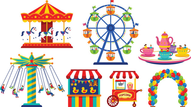 Colorful Flat Style Amusement Park Vector Icon Set with Carousel Ferris Wheel Teacup Ride Swing Ride Popcorn Cart and Carnival Games