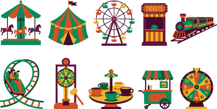 Flat Style Retro Carnival Vector Icon Set with Carousel Ferris Wheel Circus Tent Roller Coaster Teacup Ride and Amusement Park Attractions