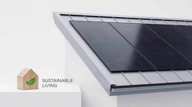 Solar panels on roof with sustainable living symbol, minimalist composition highlighting renewable energy and eco‑friendly housing.