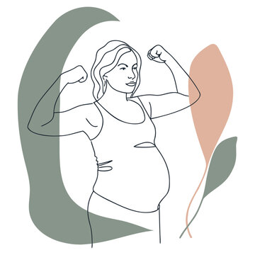 Minimalist line art illustration of a strong pregnant woman flexing her arm muscles to show power and maternity health depicted in a simple style on transparent background