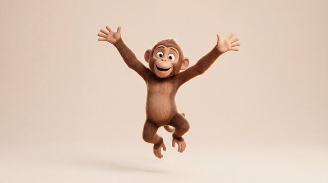A happy cartoon monkey jumping in the air with arms wide open, celebrating joy on a neutral plain background, cute character animation concept for children.