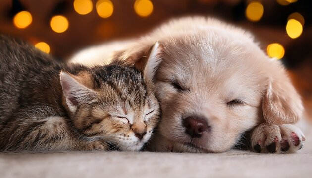 a puppy and kitten sleeping peacefully side by side