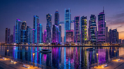Obraz premium Modern skyscraper skyline of West Bay Doha at twilight with colorful neon lights reflecting on the calm water of the bay during a beautiful evening in Qatar