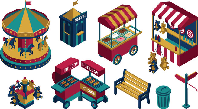 Isometric Amusement Park Vector Icon Set with Carousel Ticket Booth Carnival Game Prize Stall Hot Dog Cart and Fair Attractions