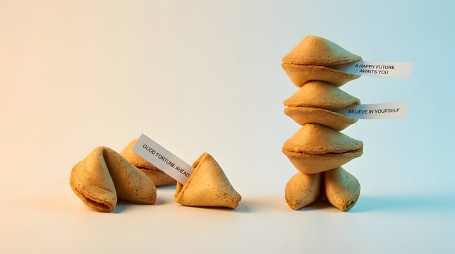 Fortune cookie stack with paper messages, traditional Chinese dessert cookies on white background, motivational destiny and luck concept