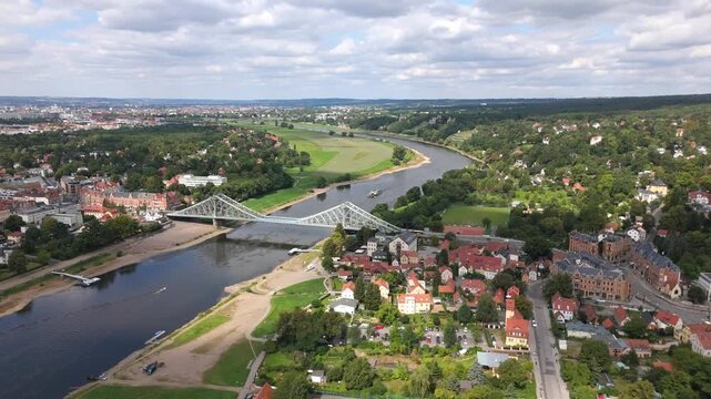 Blaues Wunder Bridge and Elbe River Bend Aerial Orbit Boat track Loschwitz Dresden
