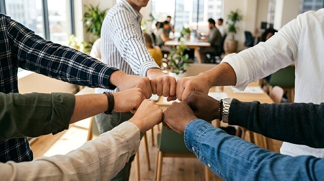 Diverse group of coworkers stacking fists together in modern office for team unity concept.
