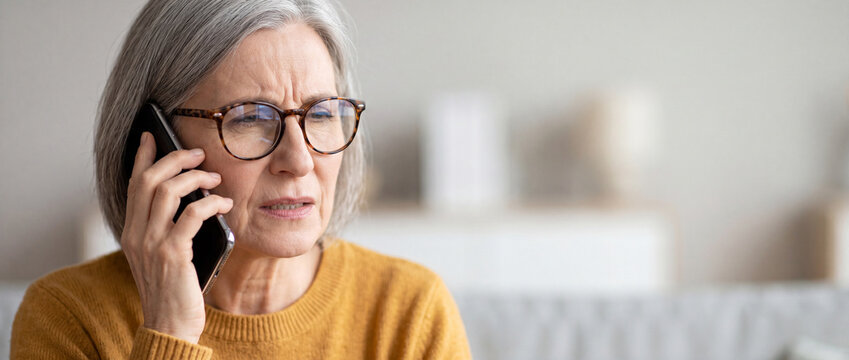An anxious senior woman with gray hair wearing glasses and a mustard sweater talks on her smartphone, expressing concern and worry during a difficult conversation, suitable for themes of