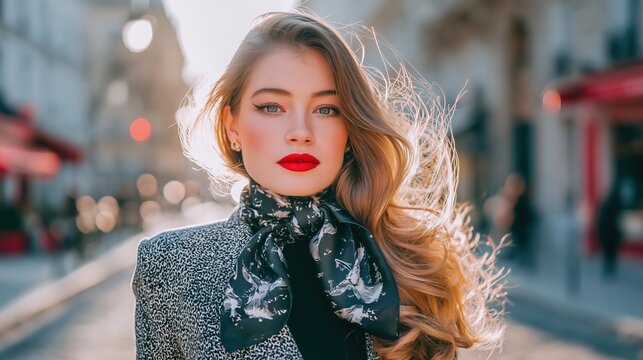 Paris France Europe lifestyle. A portrait of a woman captured in a candid moment on a city street. She wears a black and white patterned blazer and a black scarf with white bird designs. Her long.