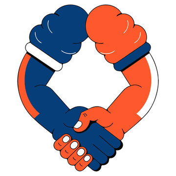 Two muscular arms in blue and orange colors performing a strong handshake that forms a heart shape created with flat vector style graphics on transparent background