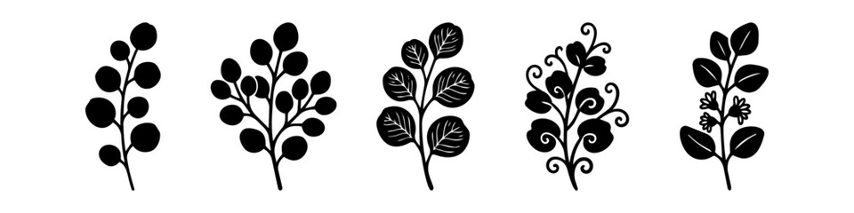 Set of black eucalyptus branch silhouettes and botanical leaf vectors on a white background. Minimalist hand-drawn floral elements for wedding invitations, logos, and nature-inspired designs. © Trends