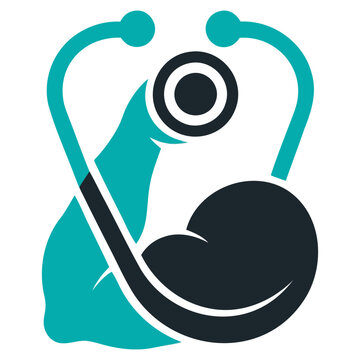 Stylized graphic icon showing a muscular arm holding a dumbbell combined with a medical stethoscope shape for healthcare fitness branding projects designed on transparent background